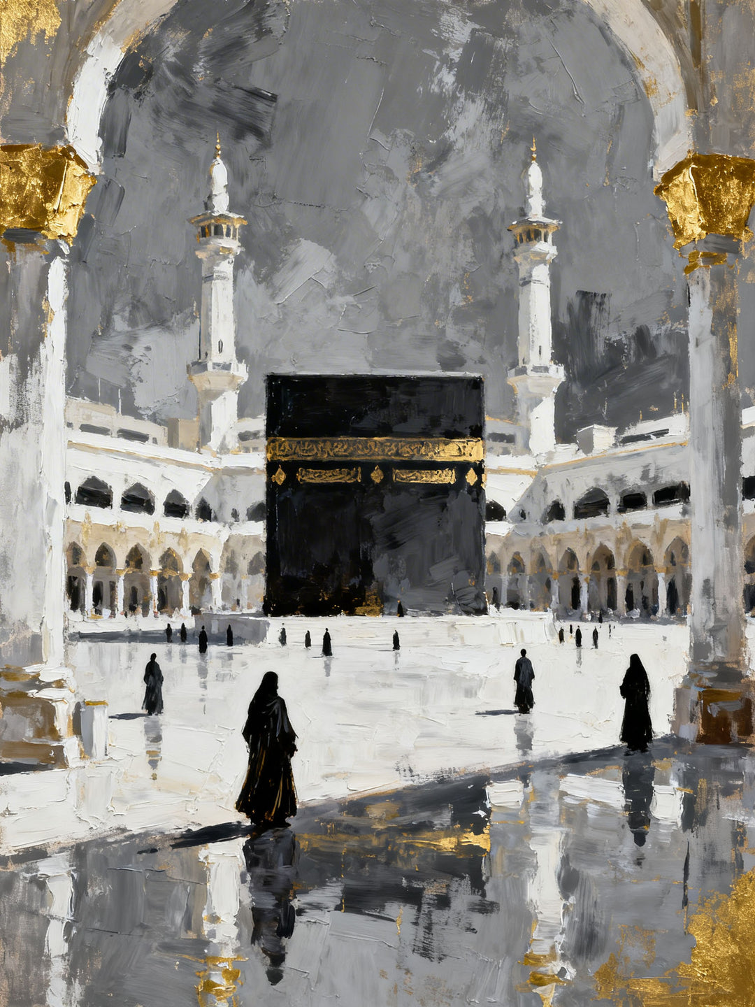 Wadi Home Islamic Kaaba painting in abstract style with gold accents, depicting Mecca's holy site.