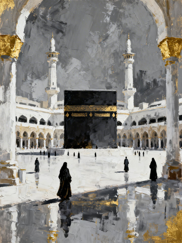Wadi Home Islamic Kaaba painting in abstract style with gold accents, depicting Mecca's holy site.