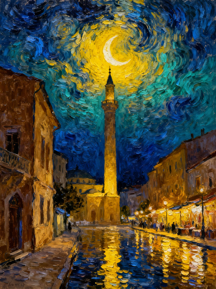 Wadi Home Impressionist night cityscape canvas art with a crescent moon and starry sky over a European street with reflections.