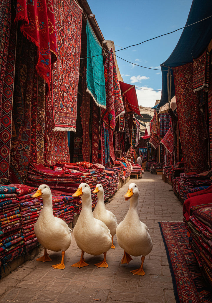Wadi Home four white ducks waddling down a carpeted alley with red textiles hanging.
