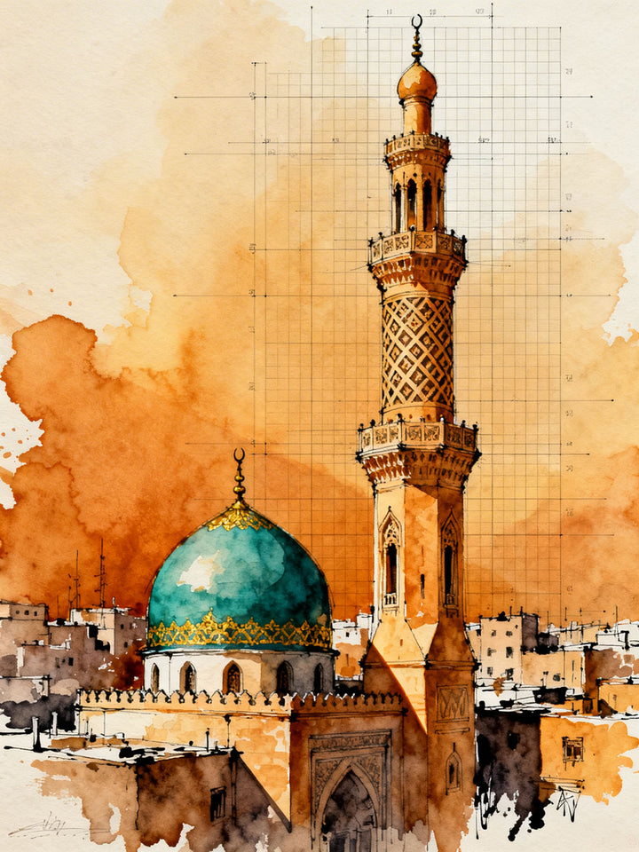 Wadi Home Islamic Mosque watercolor art print with turquoise dome and minaret, warm orange background.