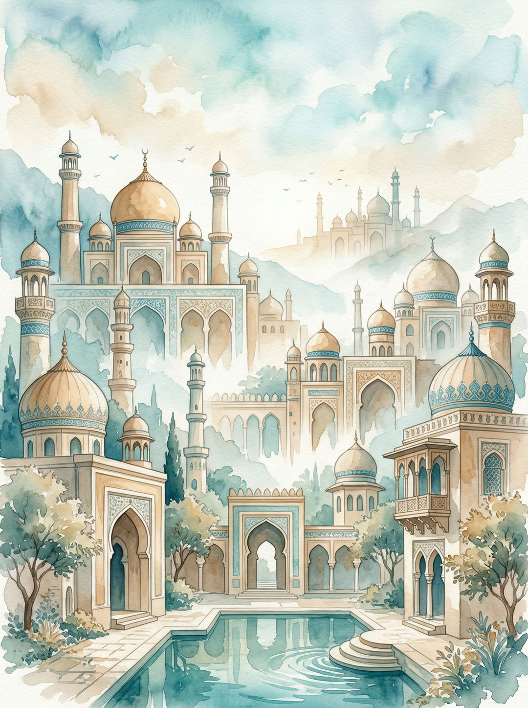 Wadi Home watercolor landscape art of a palace complex with domes, minarets, pool, and greenery in soft blues, greens, and golds.