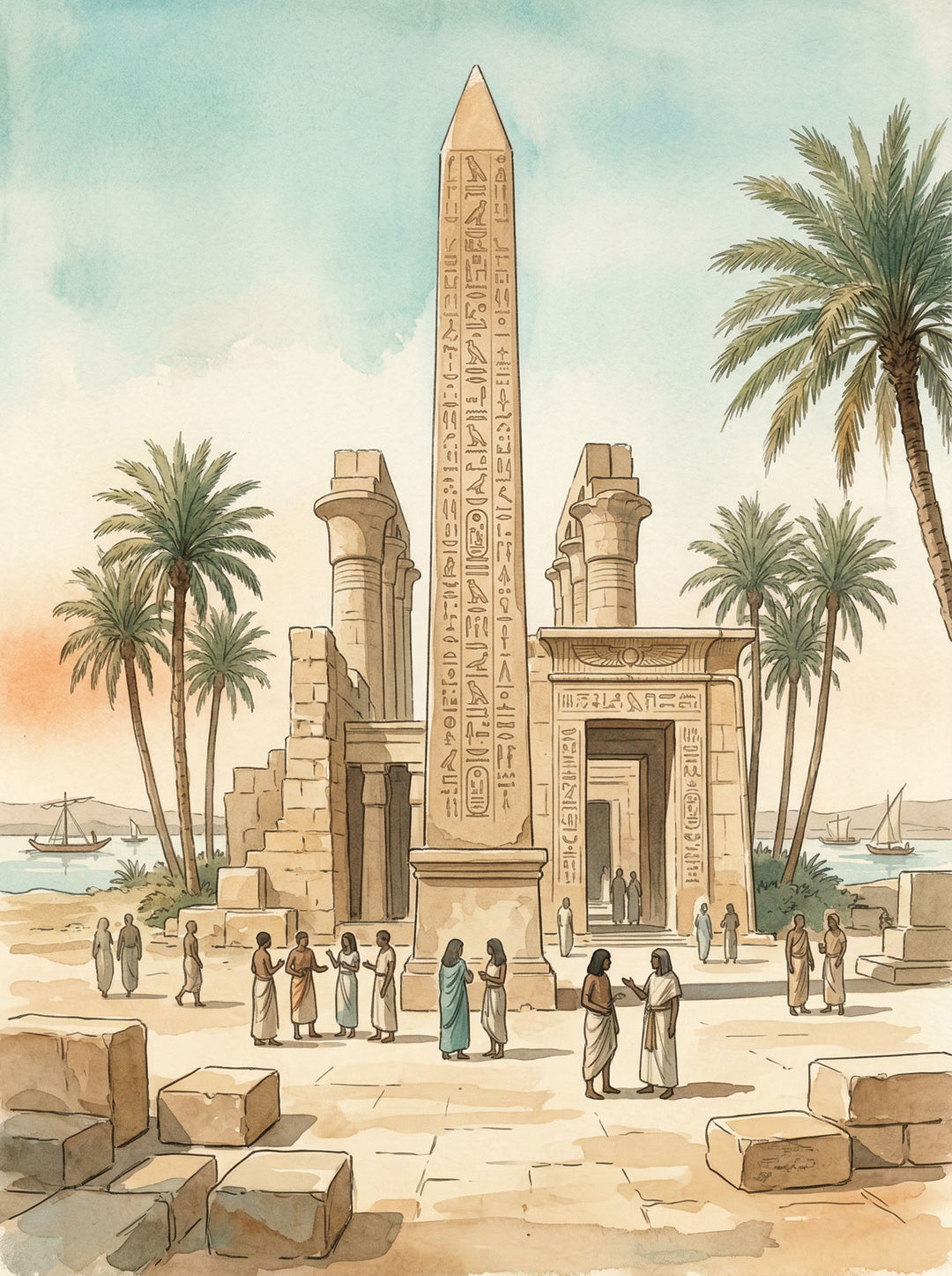 Wadi Home Ancient Egyptian temple scene watercolor art with obelisk, columns, palm trees, and figures. Depicts ruins and ancient Egyptian life.