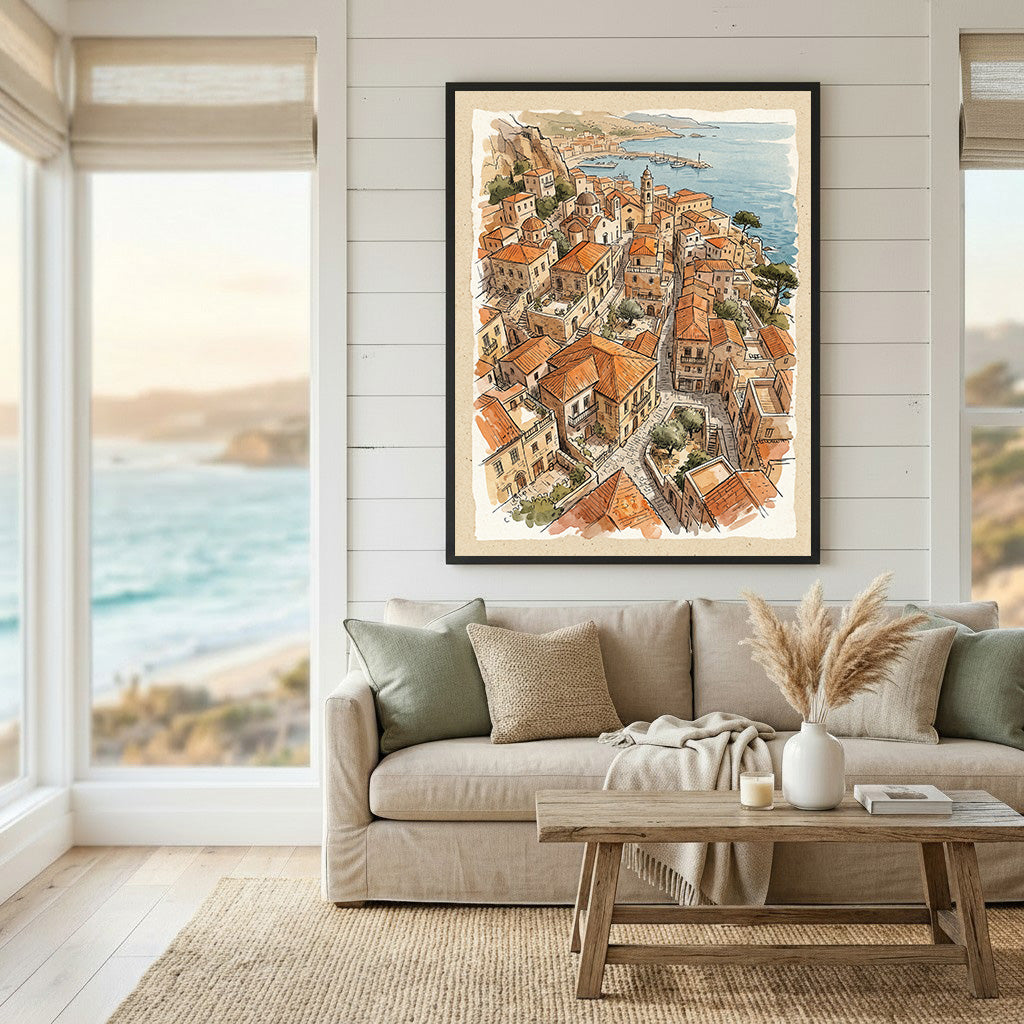 Wadi Home watercolor art of a coastal village with terracotta rooftops and blue sea.