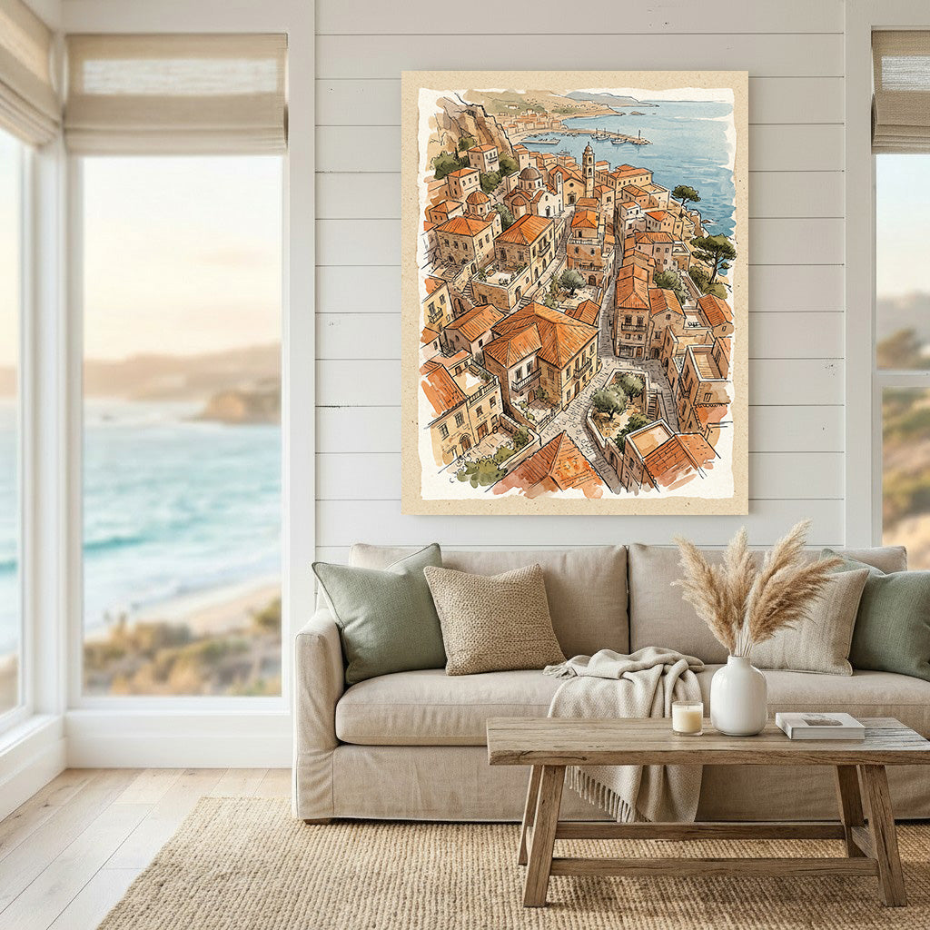 Wadi Home coastal village watercolor art with terracotta rooftops and blue sea. European seaside living.