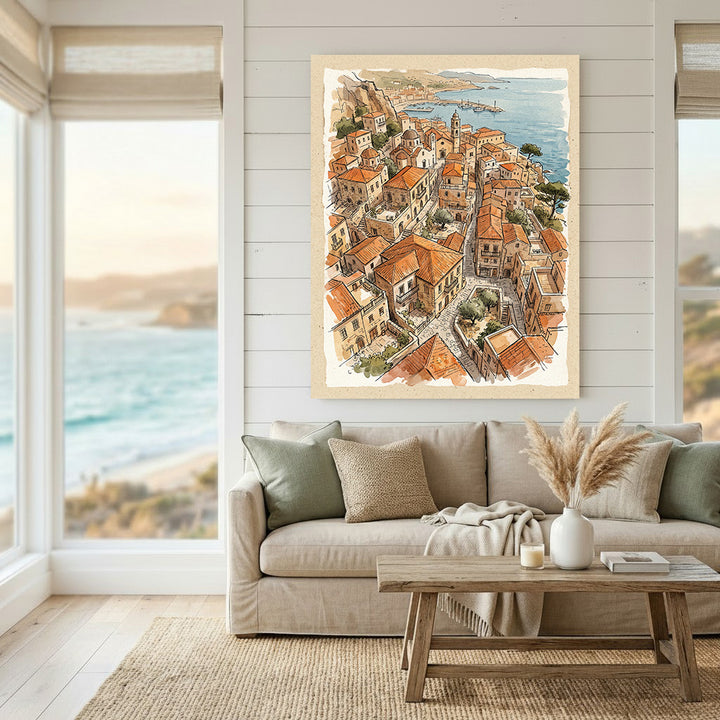 Wadi Home coastal village watercolor art with terracotta rooftops and blue sea. European seaside living.