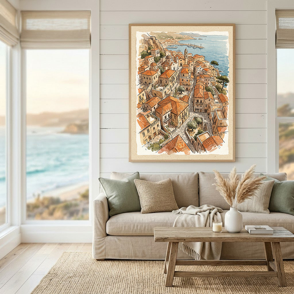 Wadi Home watercolor art of a coastal village with terracotta roofs and blue sea.