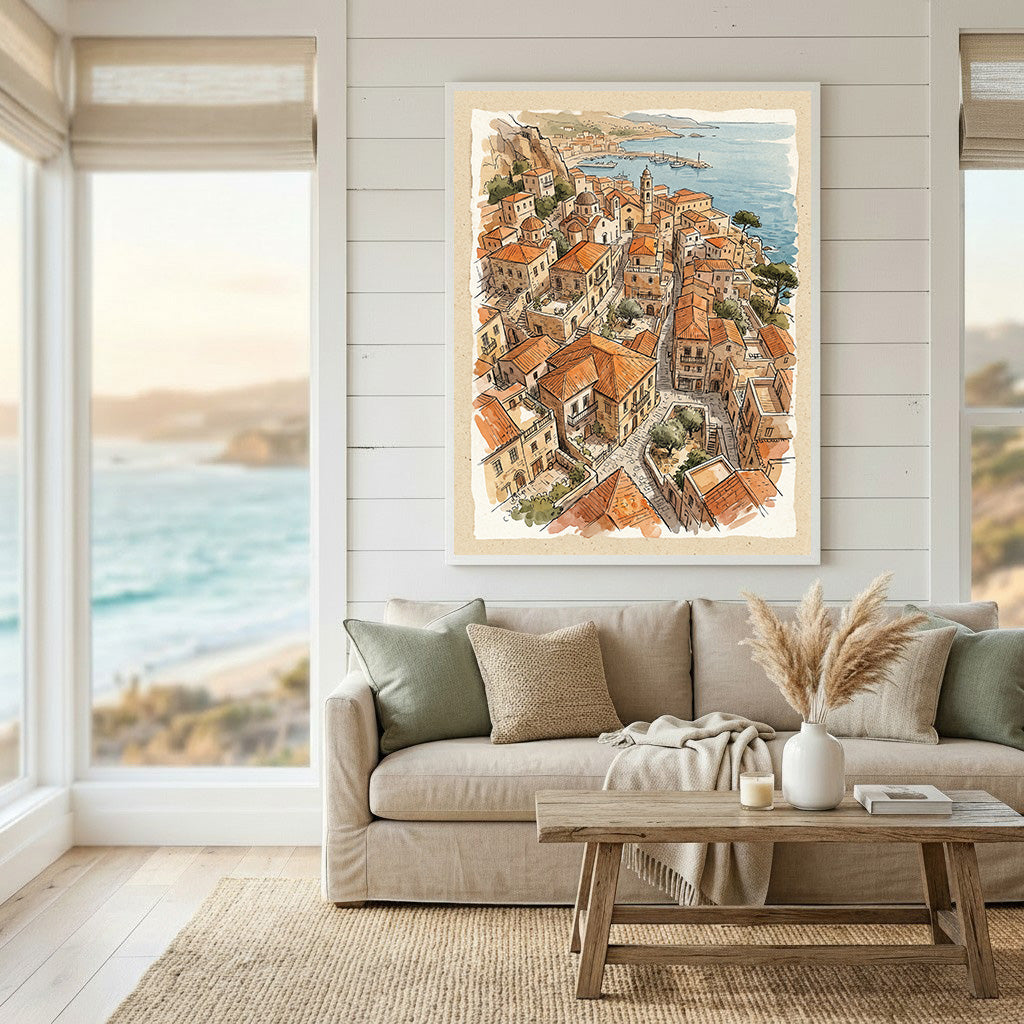Wadi Home watercolor art of a coastal village with terracotta roofs and blue sea.