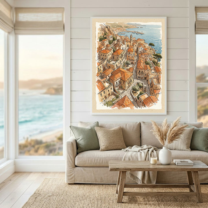 Wadi Home watercolor art of a coastal village with terracotta roofs and blue sea.