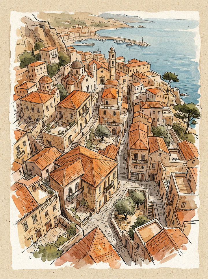 Wadi Home coastal village watercolor art with terracotta rooftops and blue sea. European seaside living.