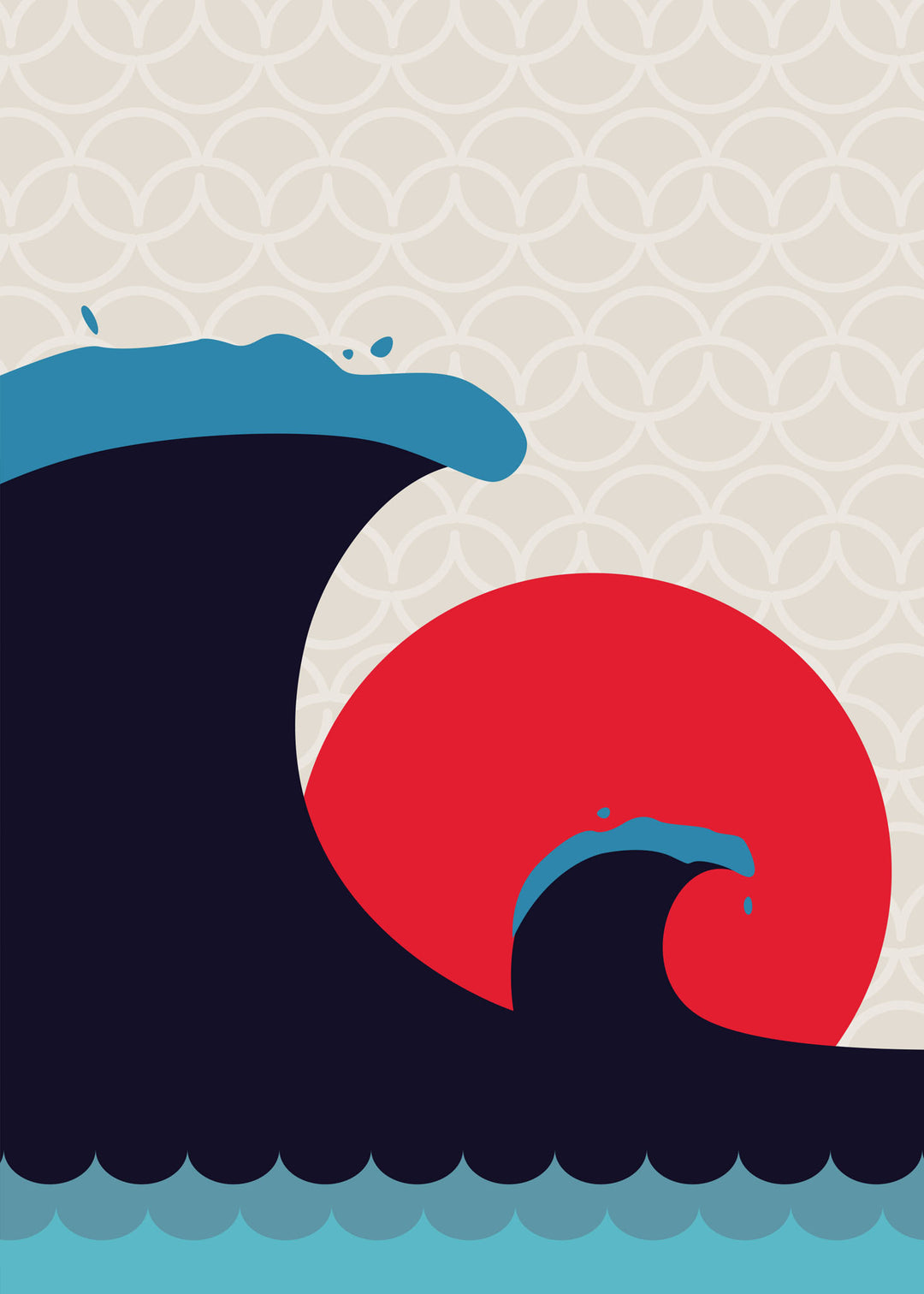 Wadi Home Abstract Wave Sun Wall Art with navy waves and red sun on a textured background.