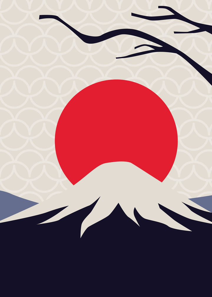 Wadi Home minimalist mountain landscape wall art with red sun and snow-capped peak.