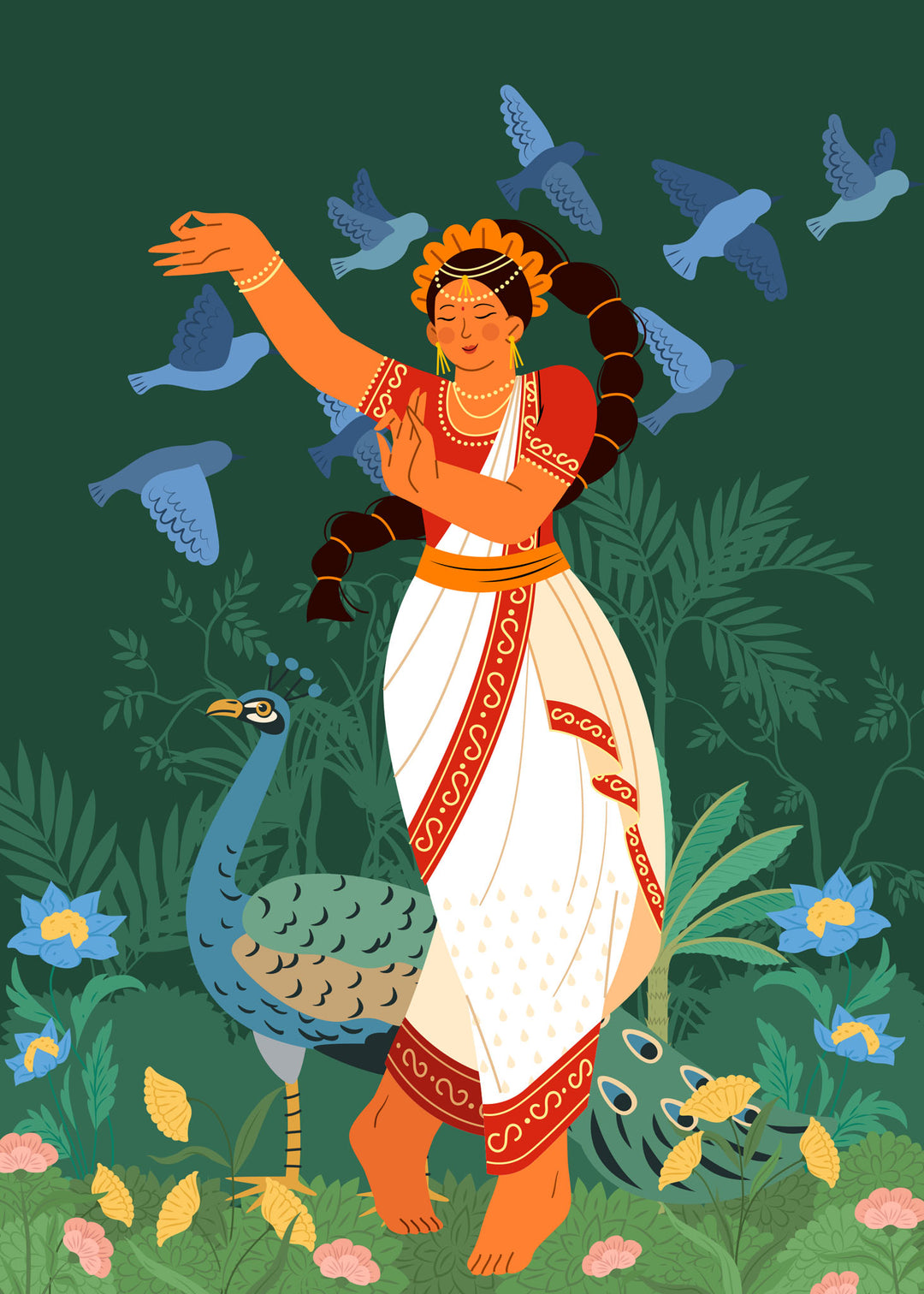 Wadi Home Indian dancer with peacock and birds wall art, traditional attire, green background, lush foliage, cultural elegance.