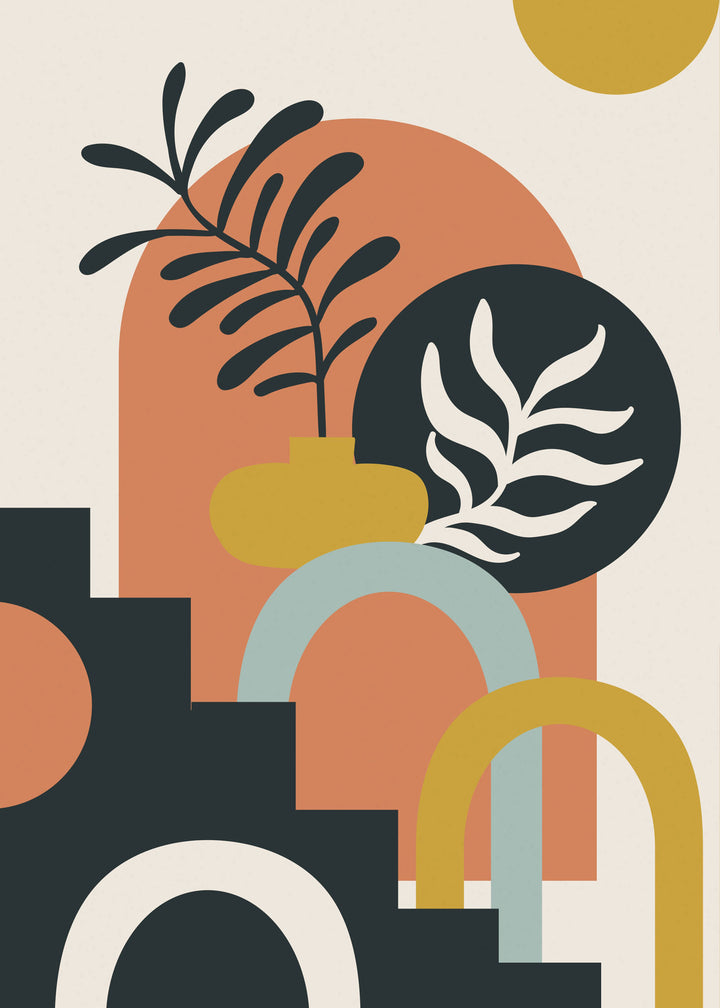 Wadi Home abstract botanical archway wall art with terracotta, mustard yellow, and deep teal geometric shapes and plant motifs.