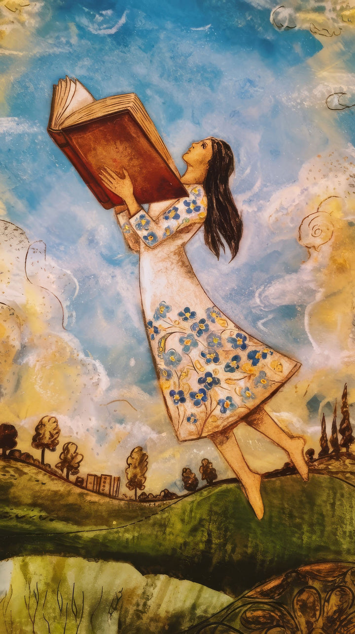 Wadi Home artwork: girl in white floral dress flying with open book, whimsical clouds and landscape.