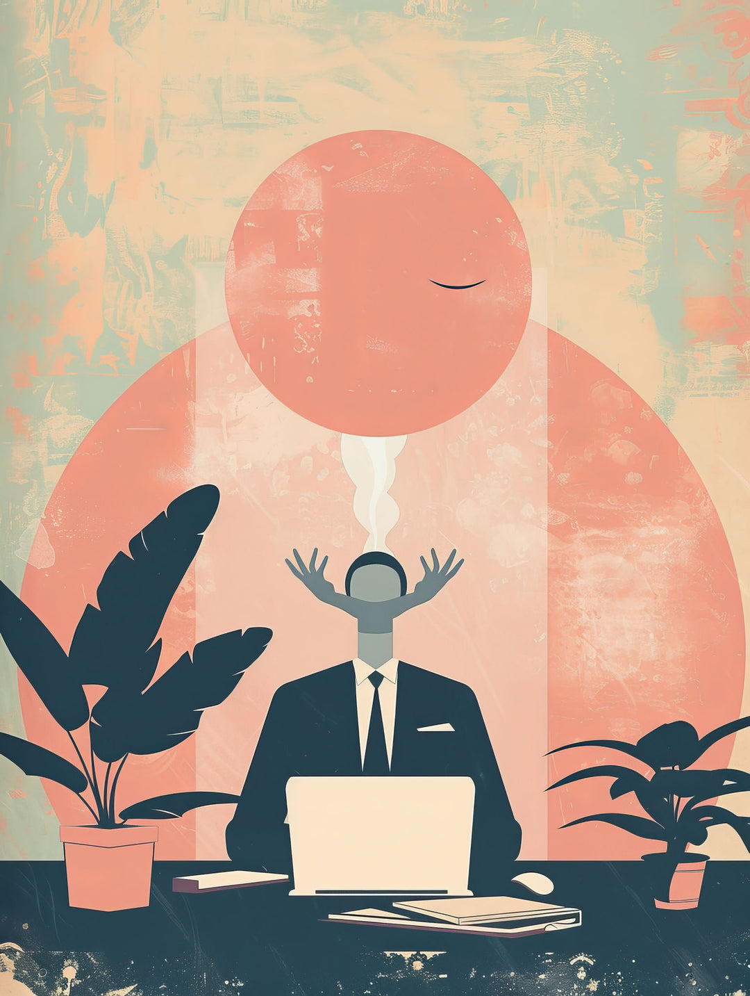 Wadi Home abstract wall art of a man in a suit at a desk with a laptop, surrounded by plants. Warm, muted colors.