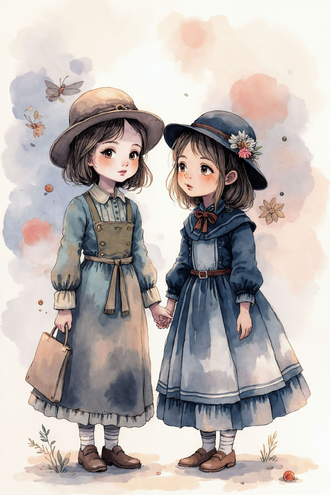 Wadi Home watercolor print of two young girls in vintage dresses and hats holding hands, soft colors, nostalgic innocence.