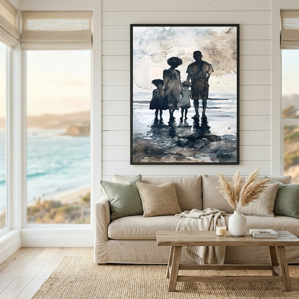 Wadi Home Family Beach Silhouette watercolor art print. Family of four walking on a wet beach at sunset.