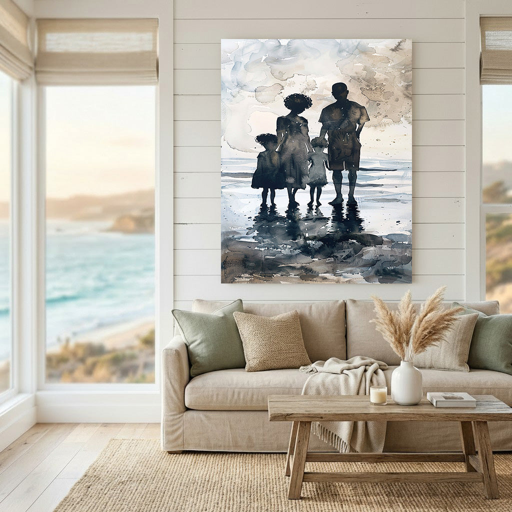 Wadi Home family beach silhouette watercolor art print with muted colors, depicting a family walking on the shore.
