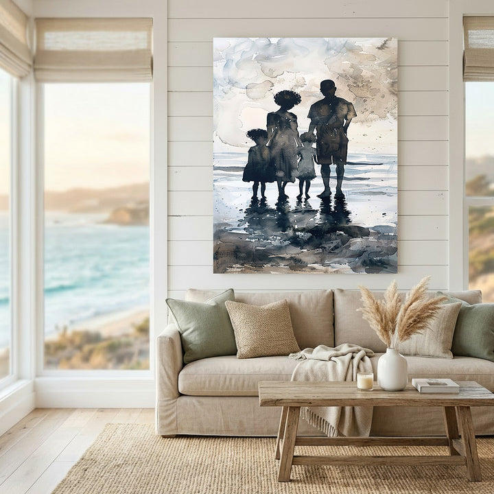 Wadi Home family beach silhouette watercolor art print with muted colors, depicting a family walking on the shore.