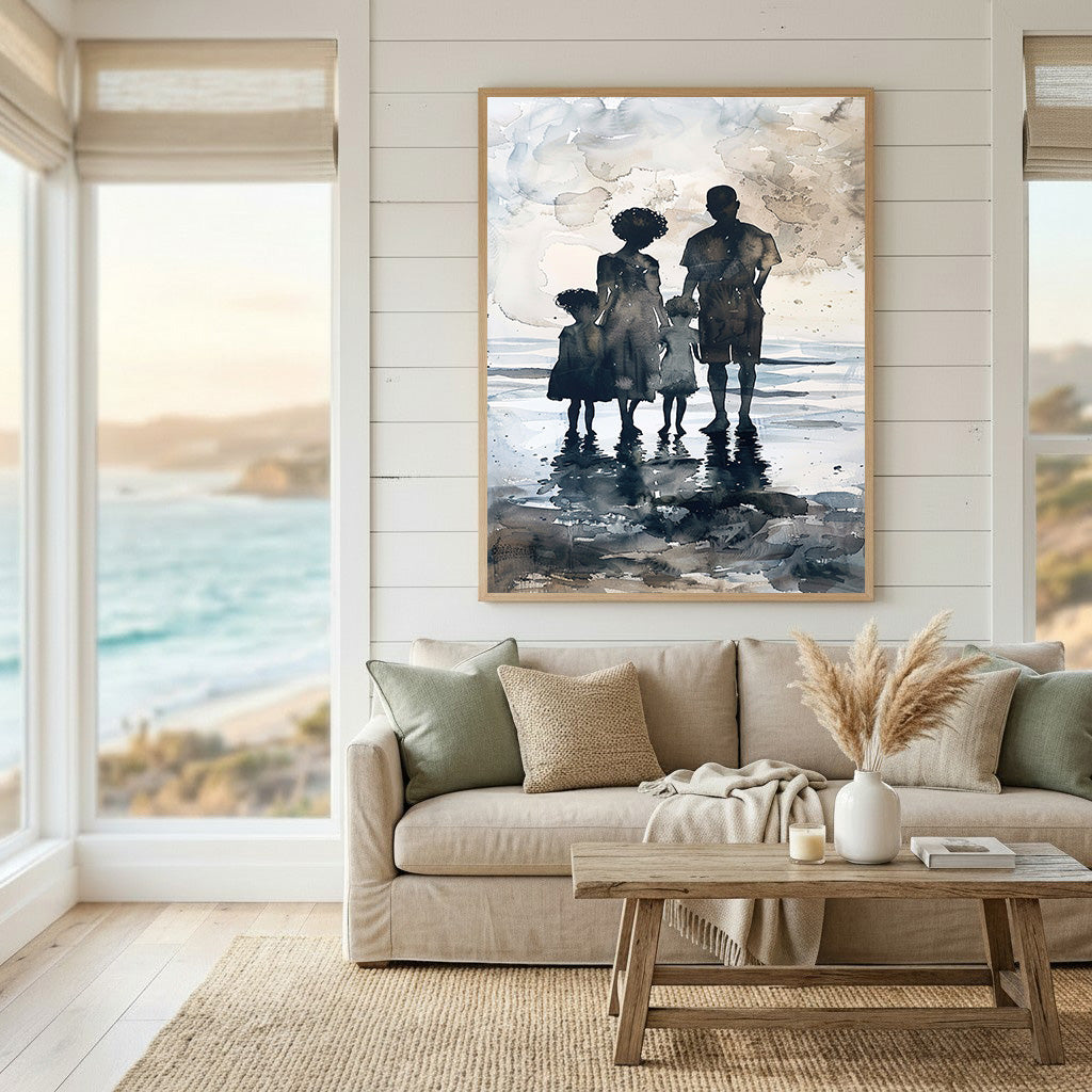 Wadi Home Family Beach Silhouette watercolor wall art print, muted tones, family of four on beach.