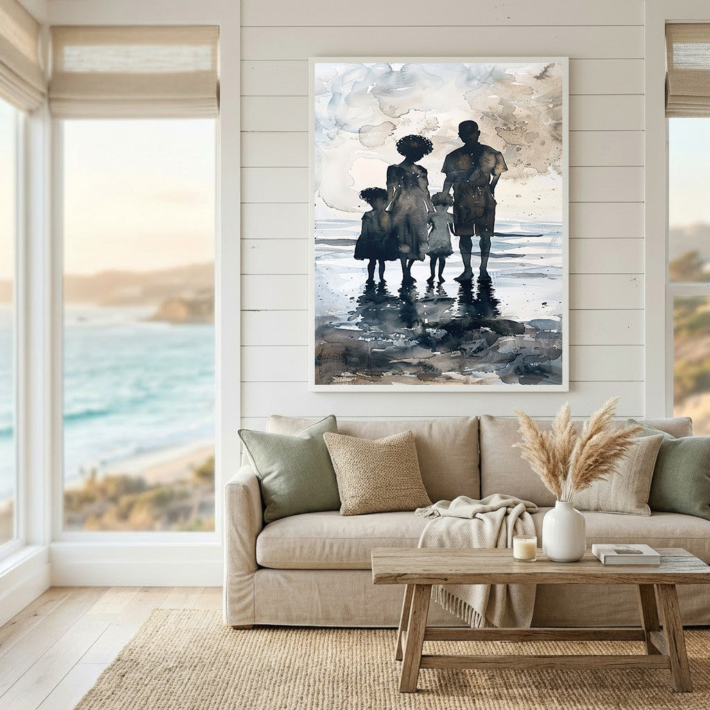 Wadi Home family beach silhouette watercolor art print with muted colors, depicting a family of four on a serene beach.