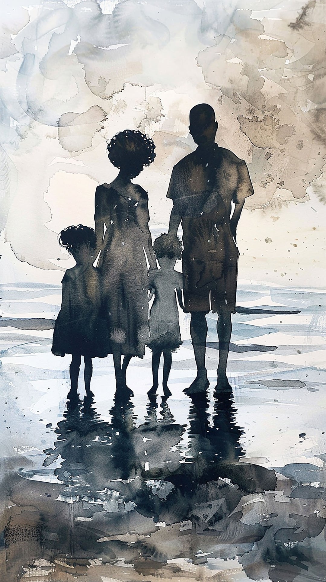 Wadi Home family beach silhouette watercolor art print with muted colors, depicting a family walking on the shore.