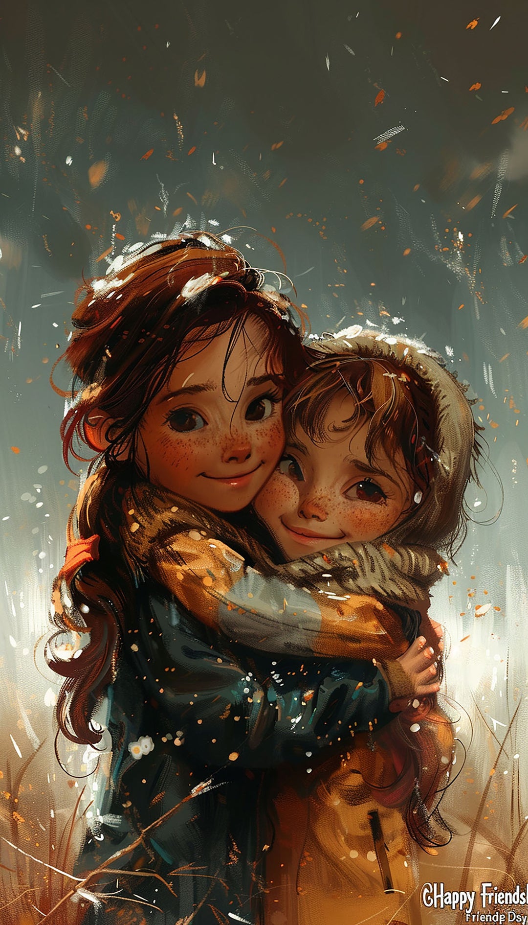 Wadi Home artwork of two young girls with brown hair embracing in a field, wearing warm jackets and scarves. Expressive style with warm colors.
