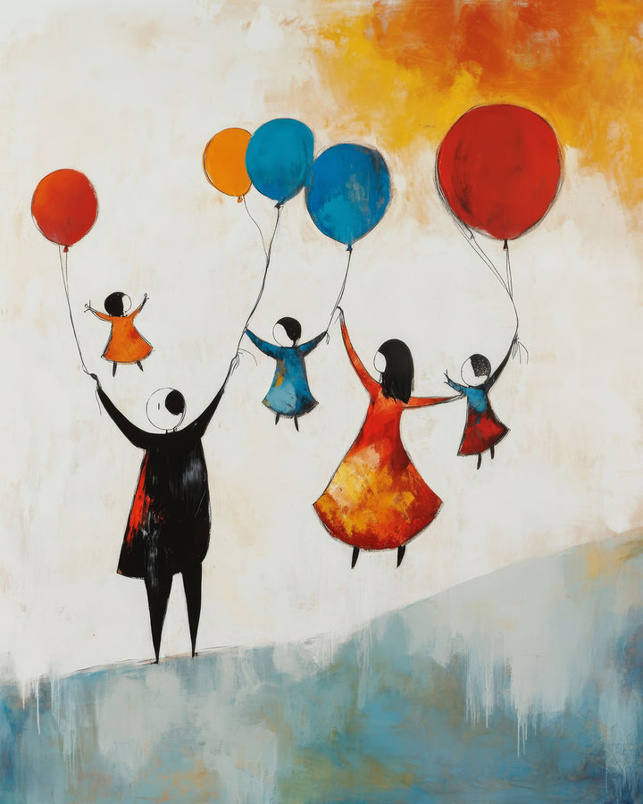 Wadi Home abstract wall art of a family holding colorful balloons, with a textured background and wooden frame.
