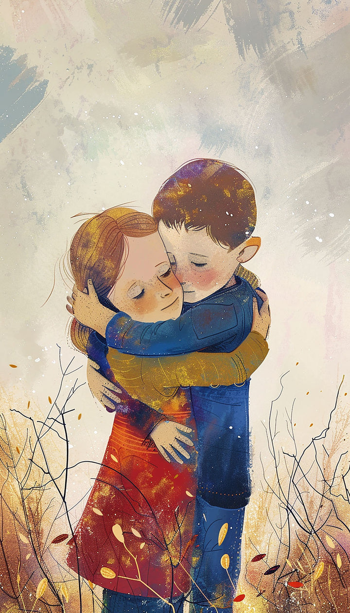 Wadi Home artwork of two children embracing in a field of wildflowers, painterly style, warm colors.