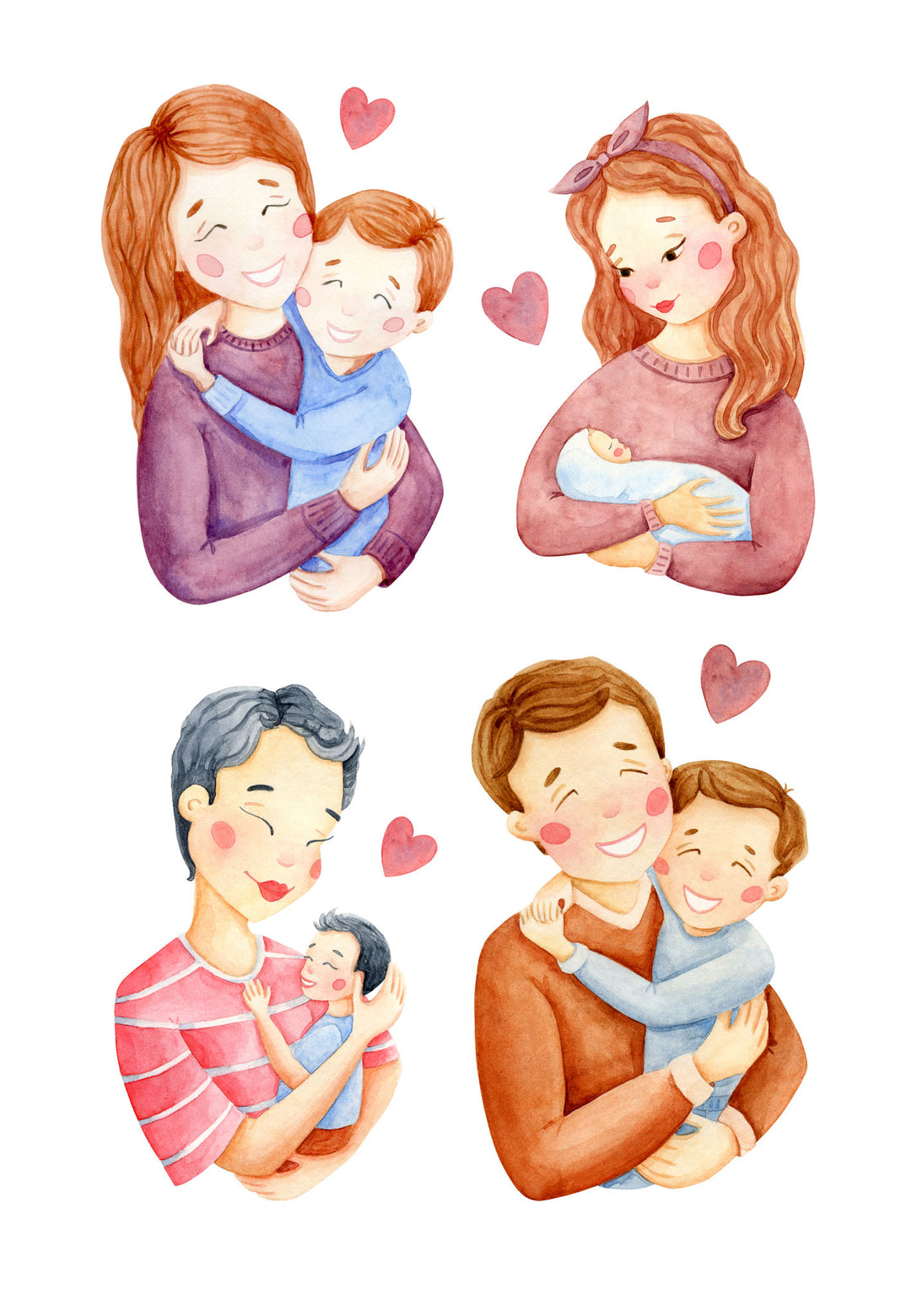 Wadi Home Family Love Collection wall art featuring watercolor illustrations of parents holding children and hearts.