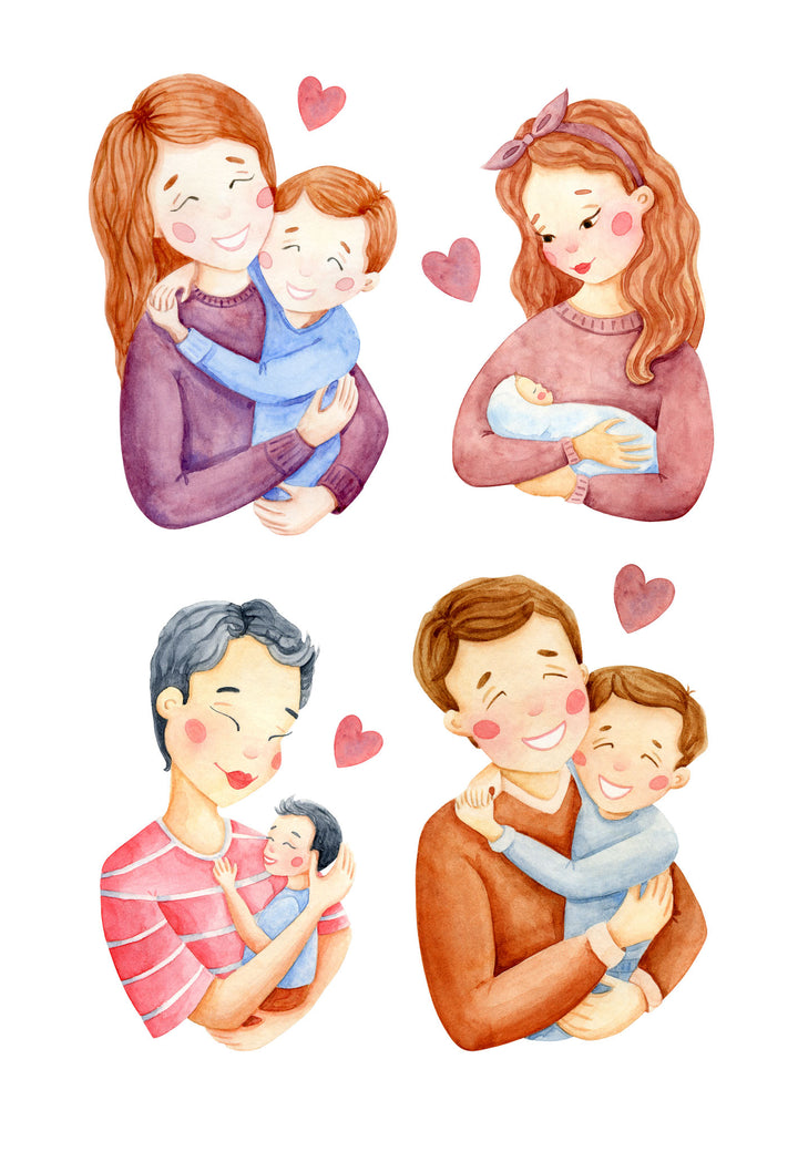 Wadi Home Family Love Collection wall art featuring watercolor illustrations of parents holding children and hearts.