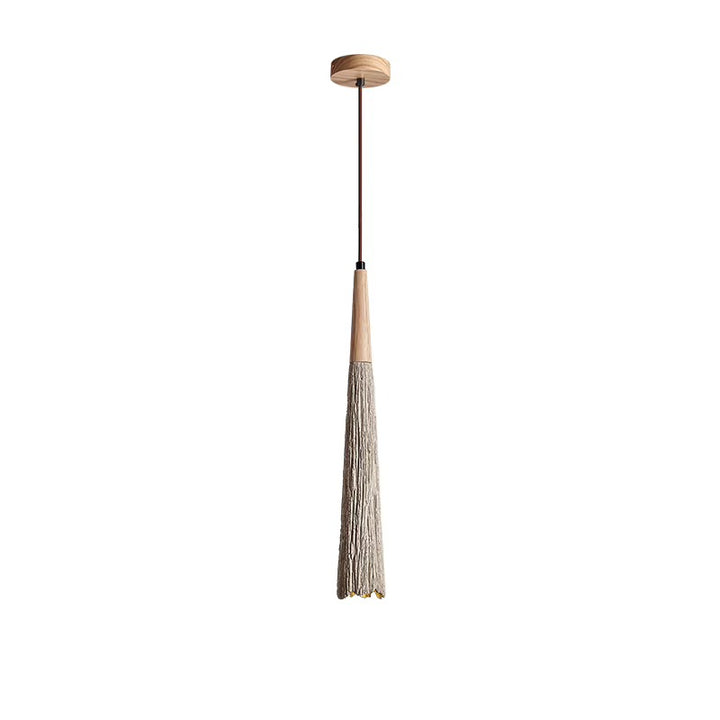 Slim pendant light with a long natural-fiber tassel shade, dark cord, and round wood-look ceiling canopy