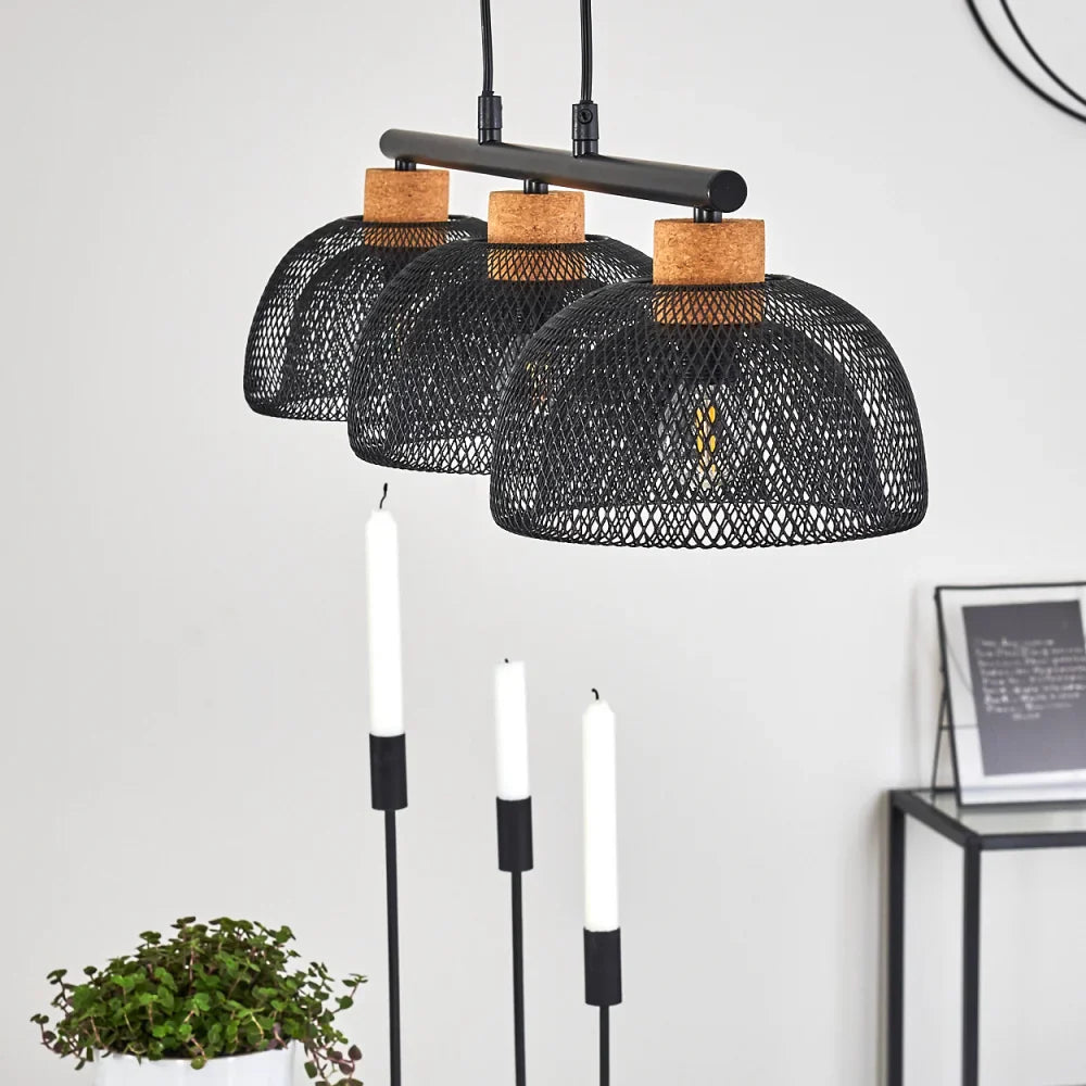 Industrial Triple Mesh Pendant Light with Wooden Accents