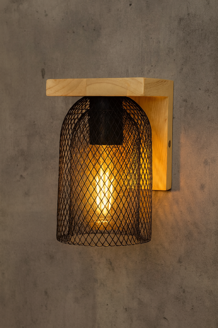 Rustic Wood & Mesh Wall Light