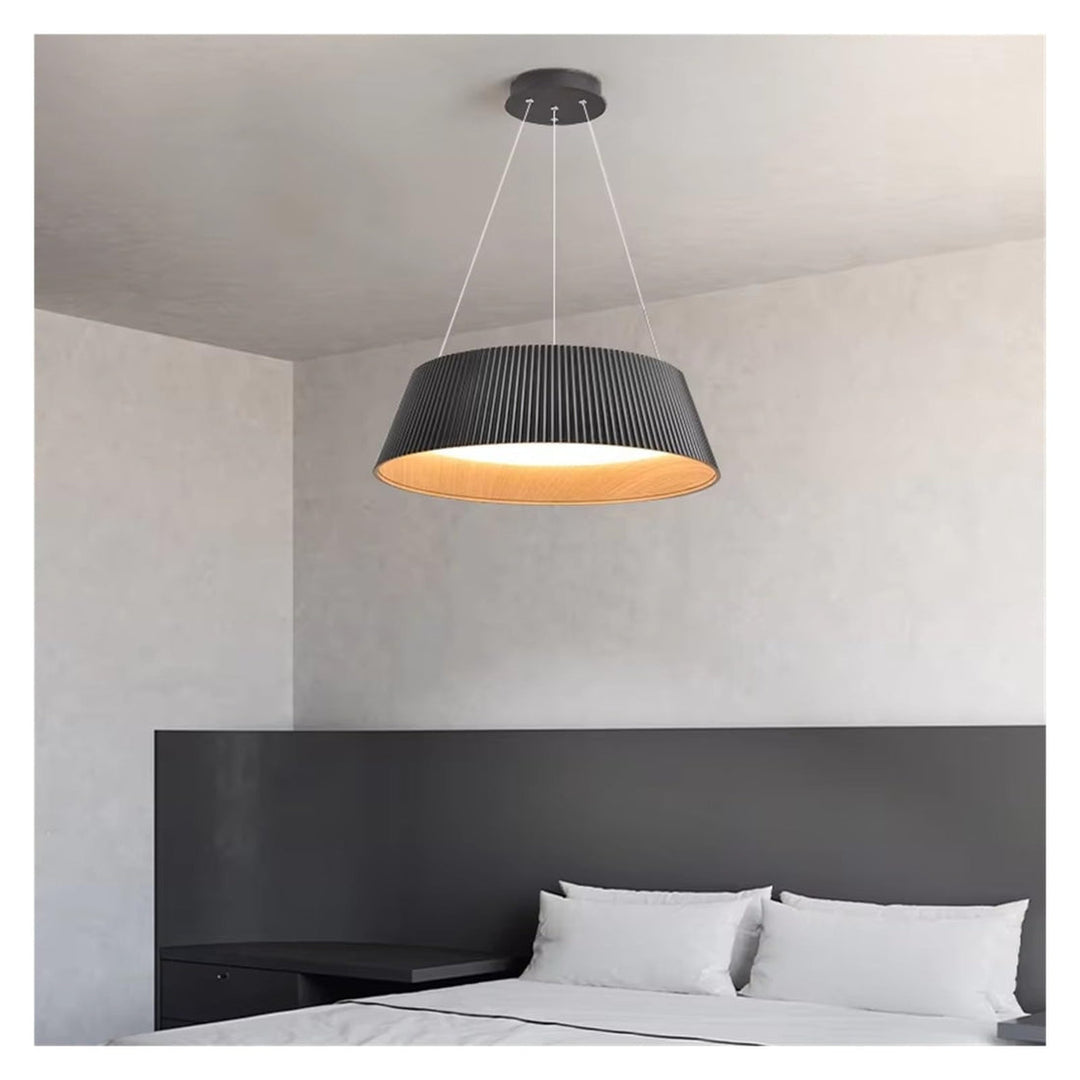 Black Pleated Drum Pendant Light with Warm Wood Interior