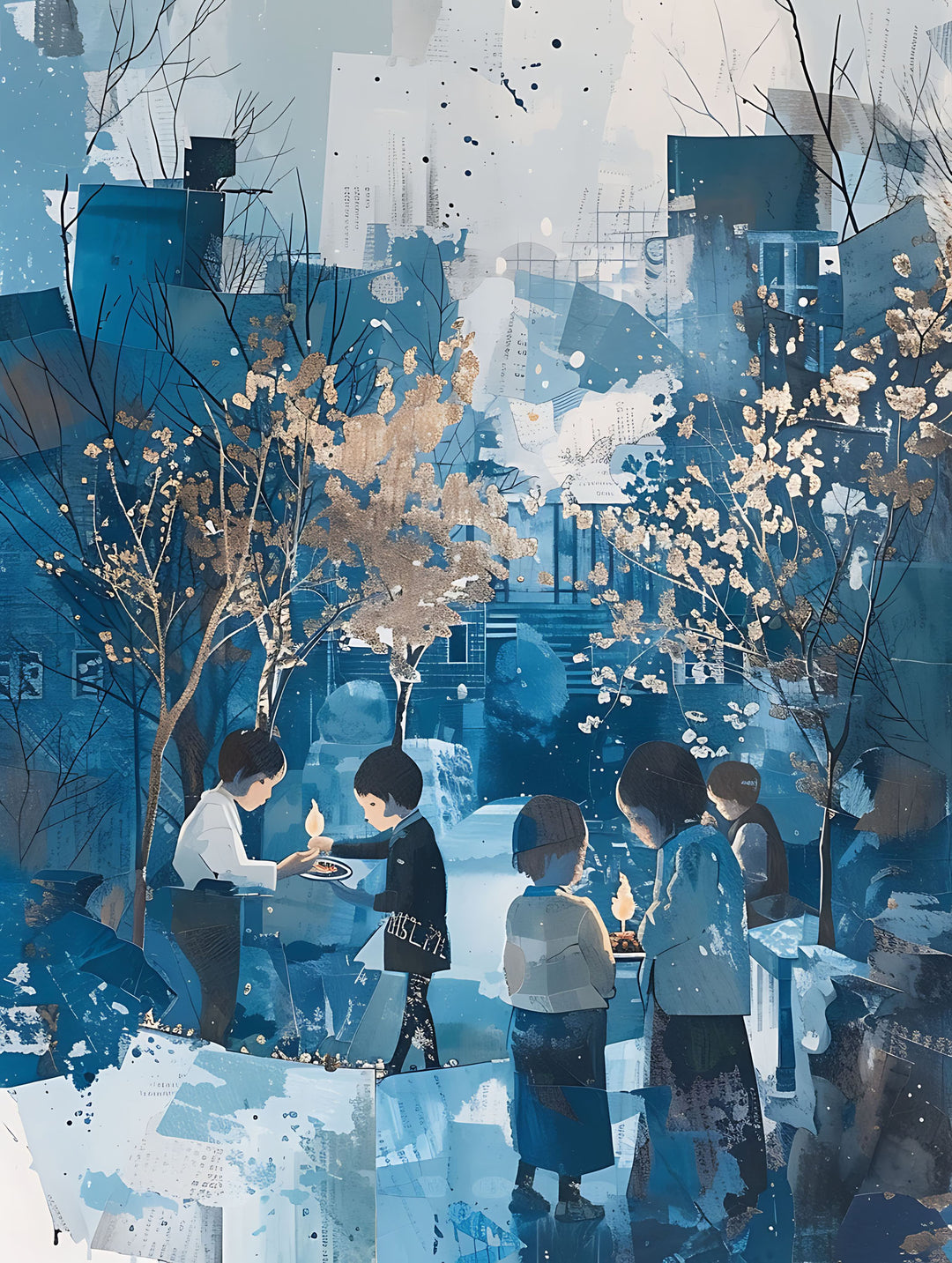 Wadi Home abstract watercolor painting of children gathered around candles, in shades of blue and gold.