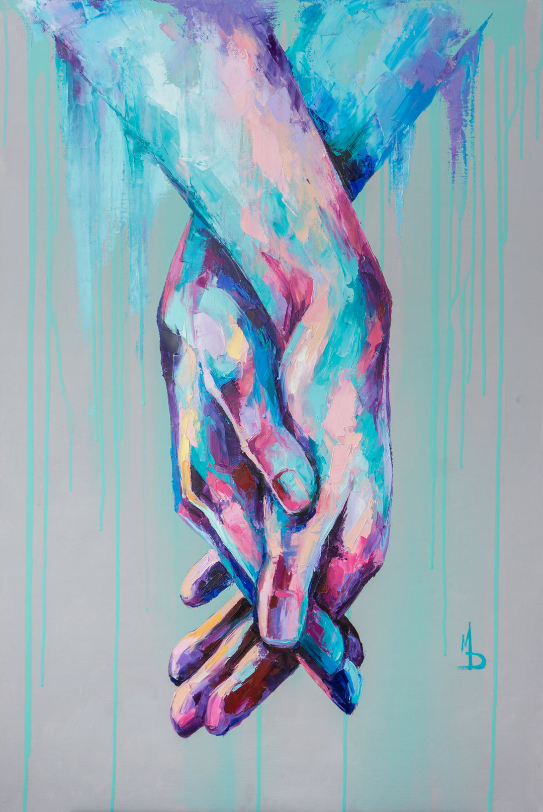 Wadi Home abstract canvas wall art featuring intertwined hands in vibrant blues, pinks, and purples with dripping paint effect.