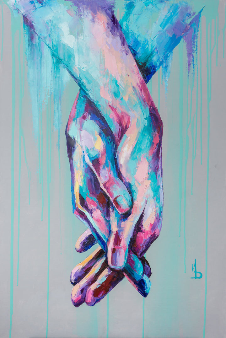Wadi Home abstract canvas wall art featuring intertwined hands in vibrant blues, pinks, and purples with dripping paint effect.