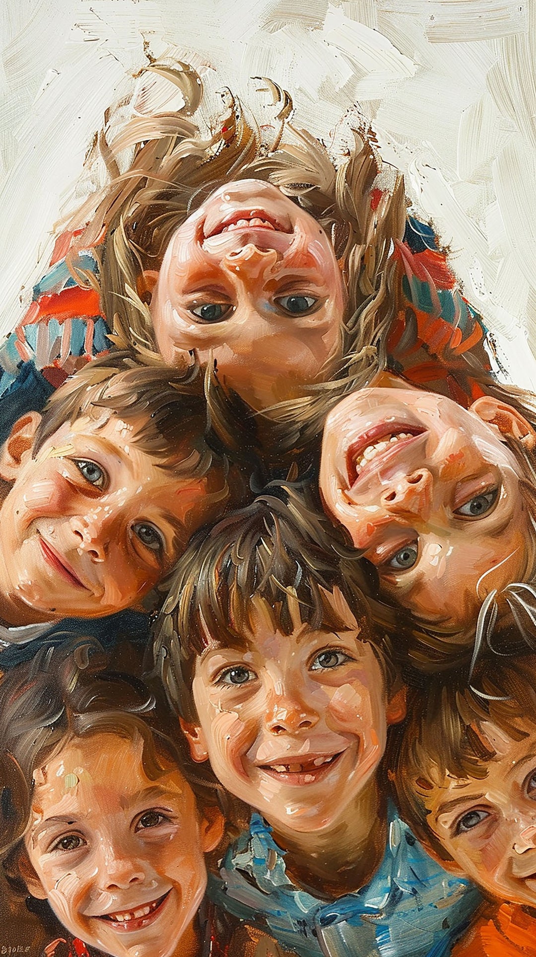 Wadi Home Joyful Faces Group Portrait painting of diverse children smiling and looking down from above, vibrant colours.