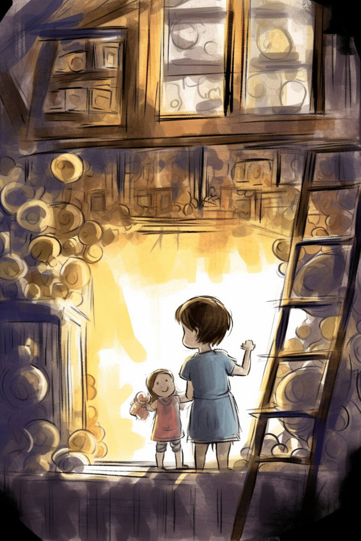 Wadi Home children's artwork: boy and girl looking out window, whimsical illustration, warm light, ideal for nursery.