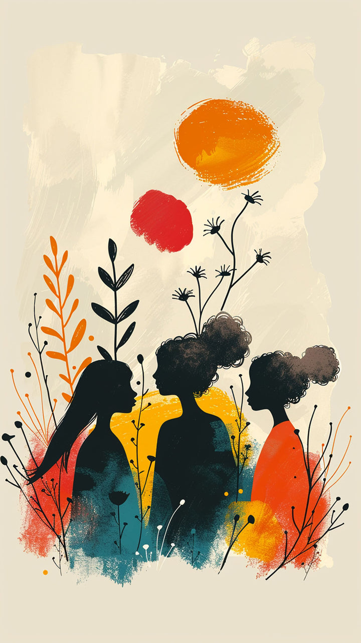 Wadi Home abstract wall art featuring silhouetted figures in a garden with warm earthy tones and pops of orange and red.