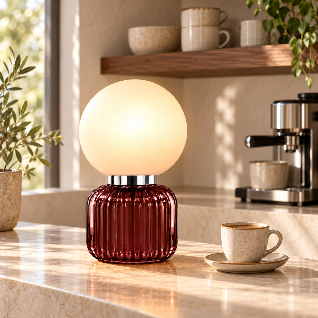 Burgundy Ribbed Glass Globe Table Lamp