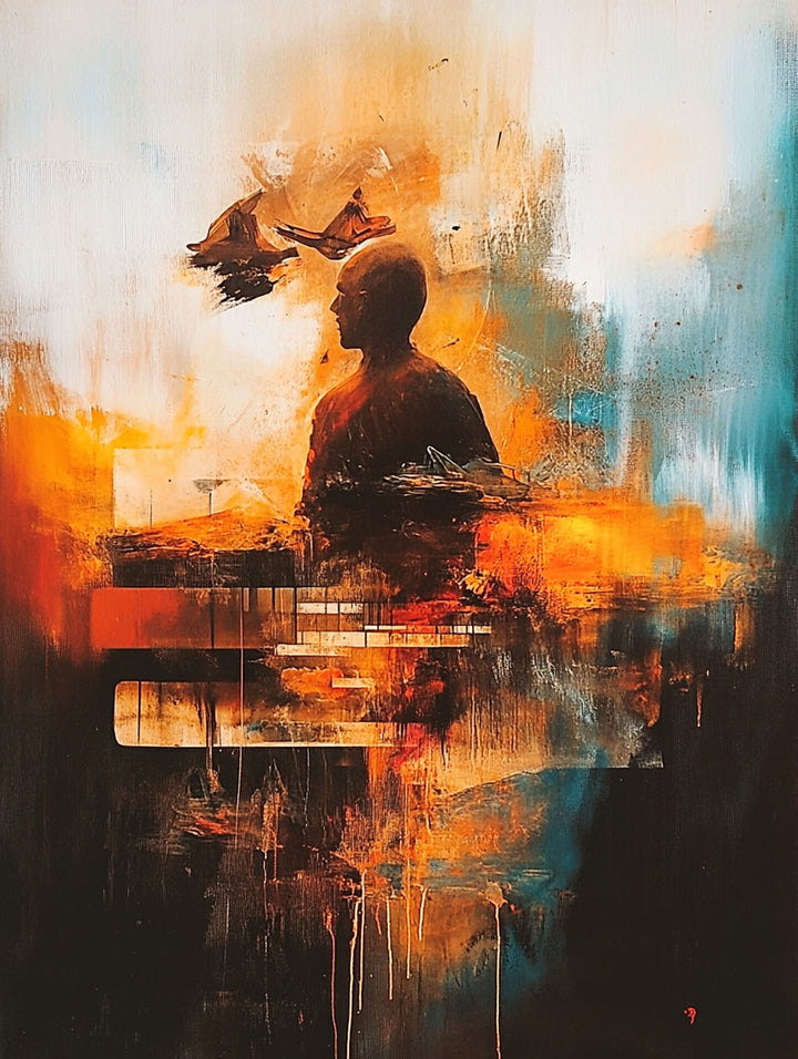 Wadi Home abstract painting of a pianist in warm tones of orange, red, and blue, with textured brushstrokes.
