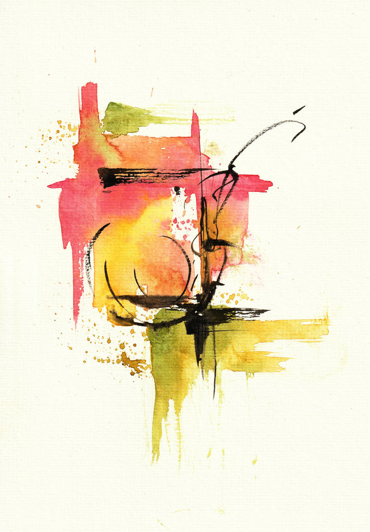 Wadi Home abstract watercolor splash wall art with red, yellow, green, and black paint strokes.