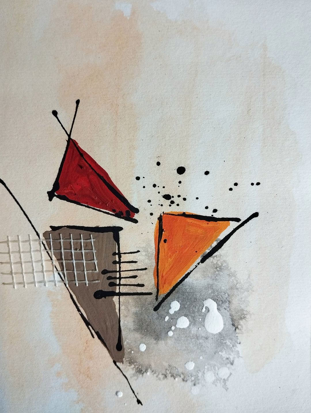 Wadi Home abstract geometric canvas art with red and orange triangles, textured background, and black accents.