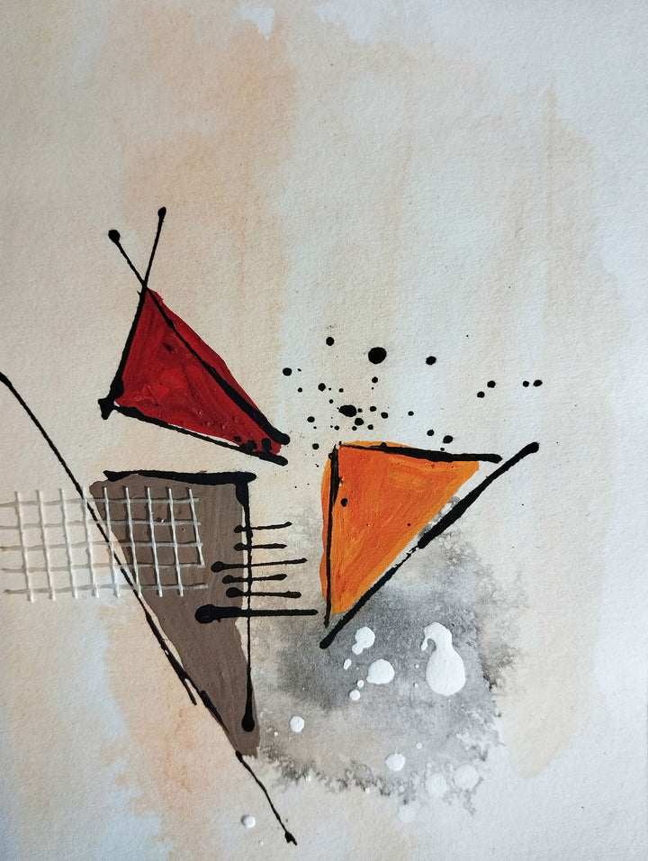 Wadi Home abstract geometric canvas art with red and orange triangles, textured background, and black accents.