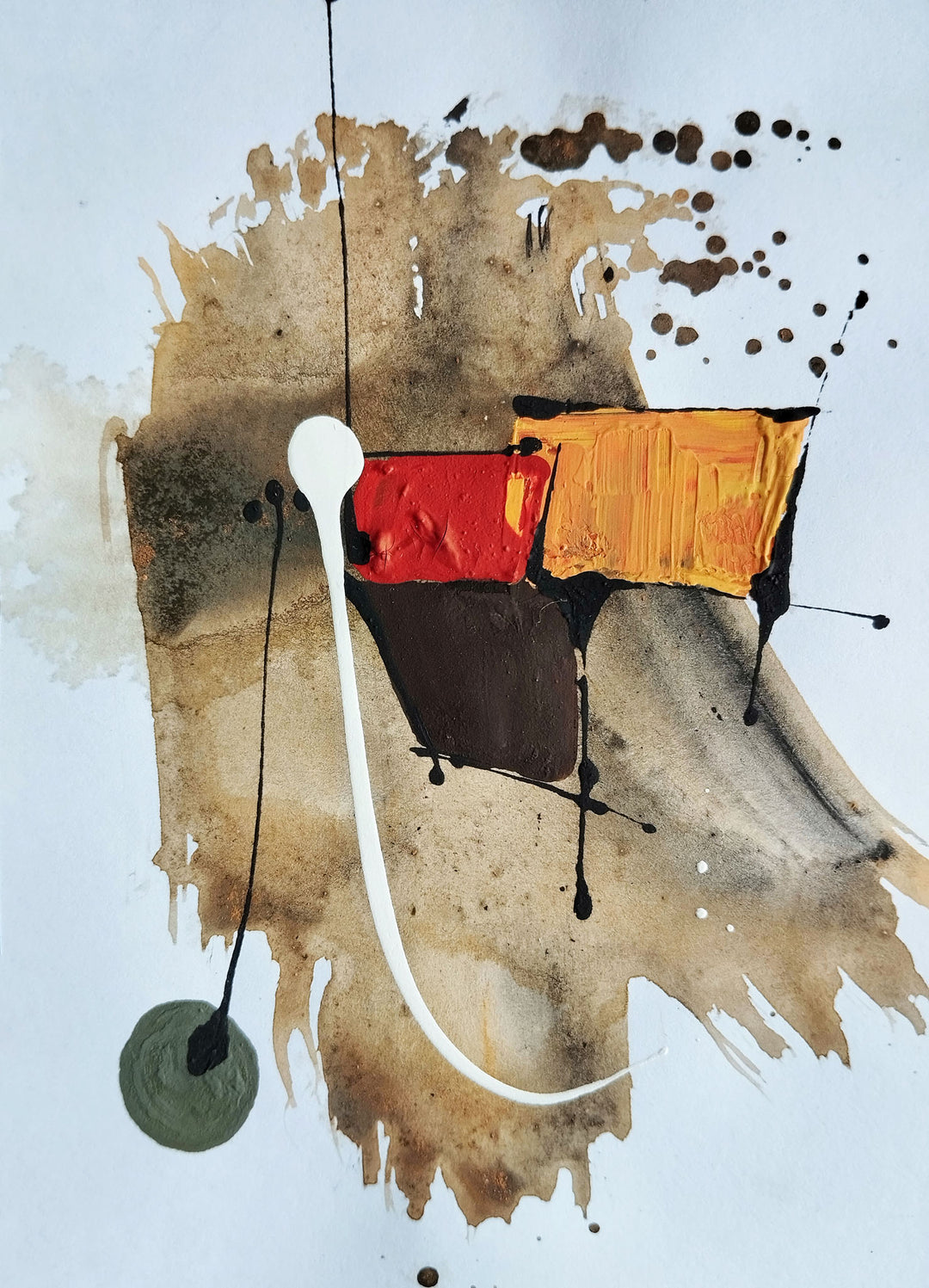 Wadi Home abstract expressionist wall art with earthy tones, bold strokes, and intriguing textures. Features red, orange, and brown blocks.