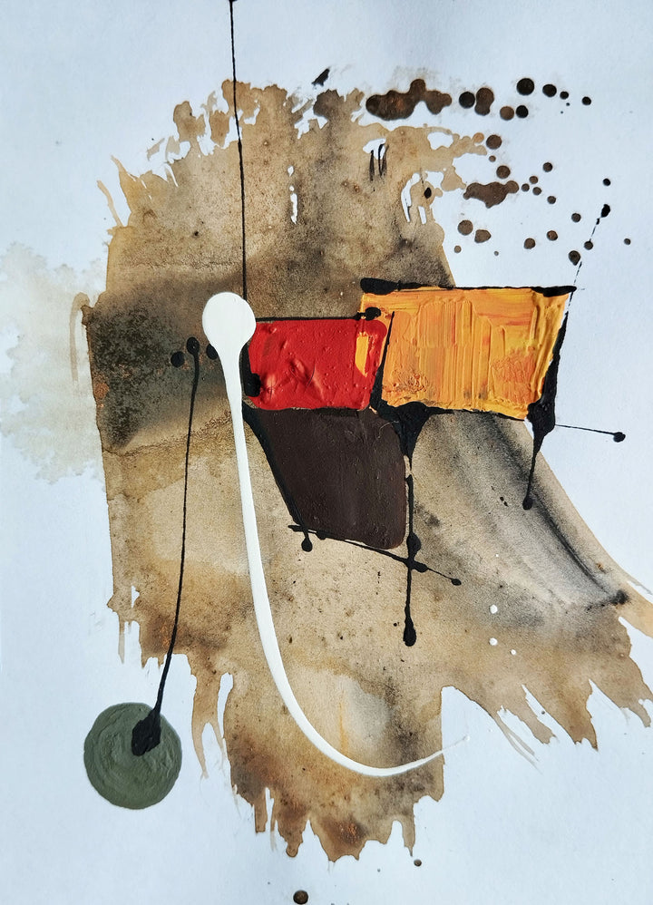 Wadi Home abstract expressionist wall art with earthy tones, bold strokes, and intriguing textures. Features red, orange, and brown blocks.