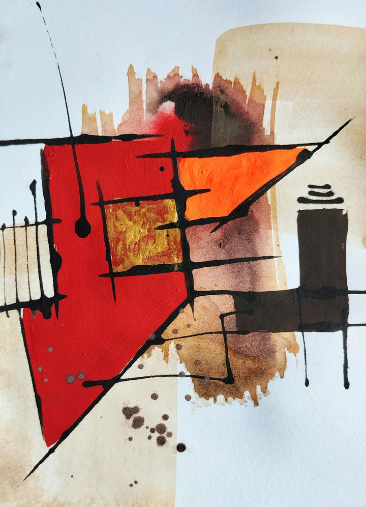 Wadi Home abstract geometric wall art with red, orange, and brown tones. Features sharp shapes and fluid lines.